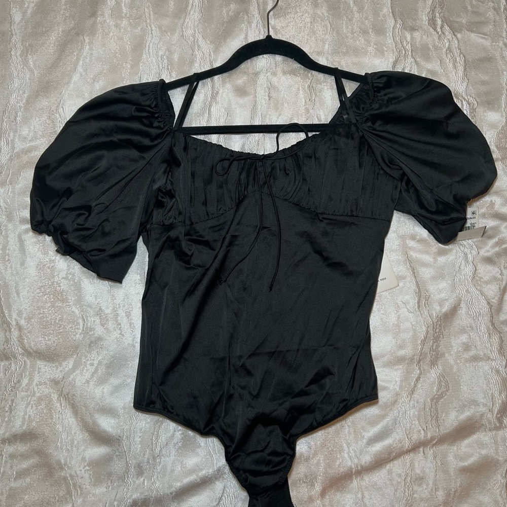 For Love And Lemons Black Ruffled Puff Sleeve Bodysuit